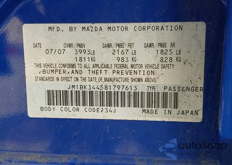 2008 Mazda 3 Hatchback from USA, damaged, VIN JM1BK344581797613